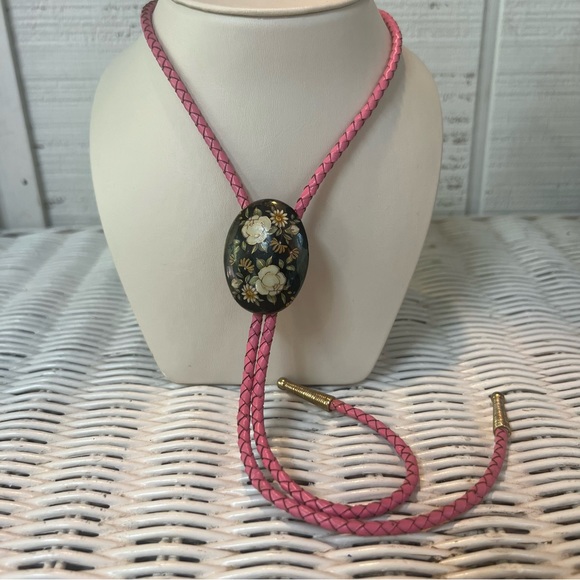 Hand Crafted Jewelry - Western bolo necktie necklace handmade w/ pink leather cord VTG ceramic pendant